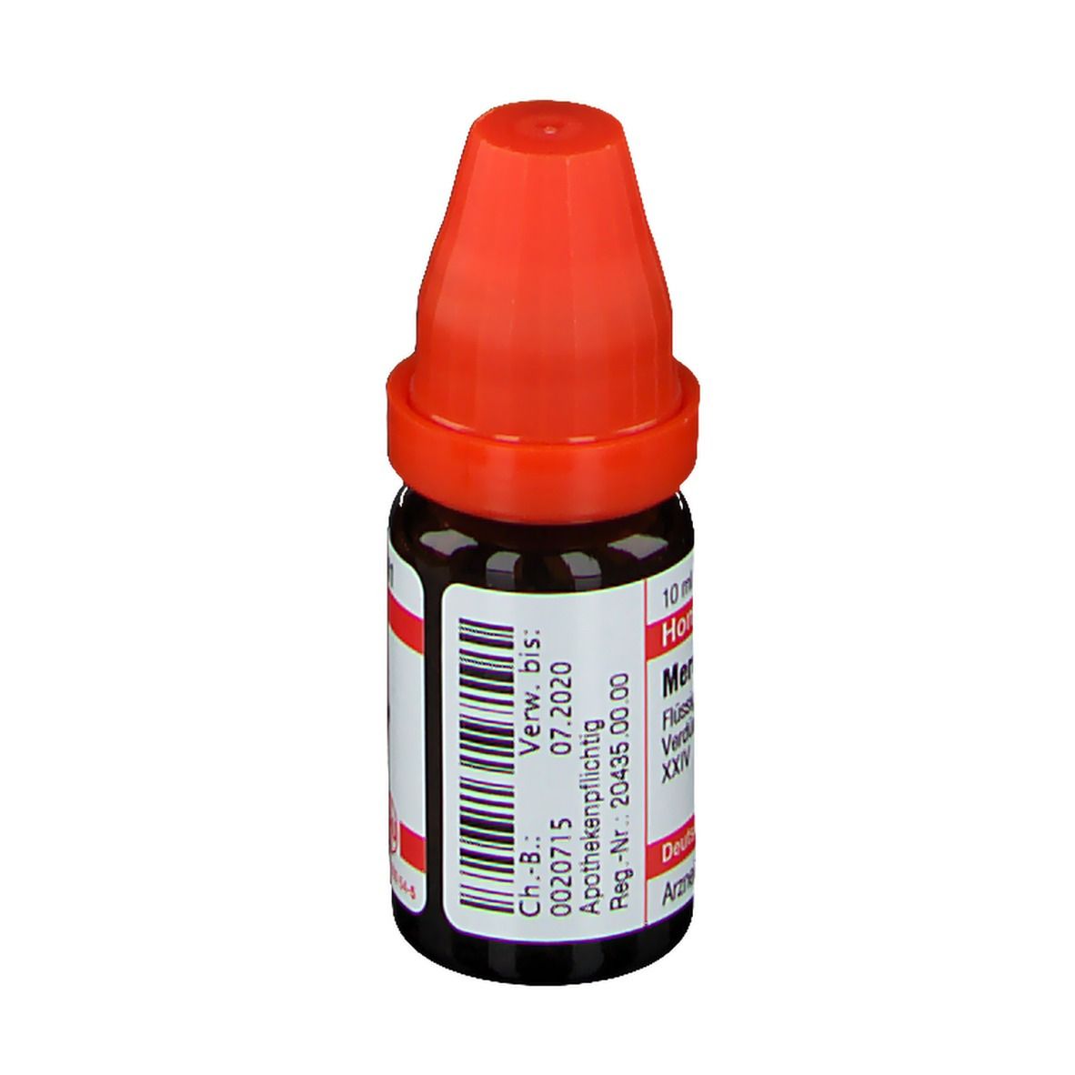 Braune Glasflasche mit rotem Verschluss. Etikett mit Chargen- und Verfallsdatum. Beschriftung: 10 ml.