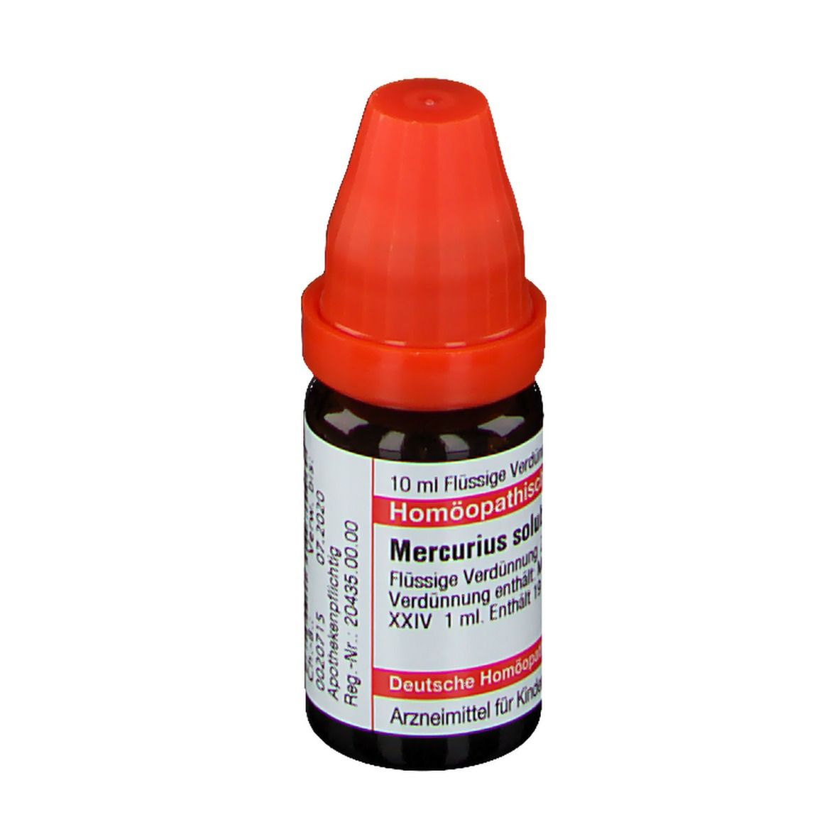 Braune Glasflasche mit rotem Verschluss. Beschriftung: Mercurius solub. Hahnemanni LM XXIV, 10 ml.