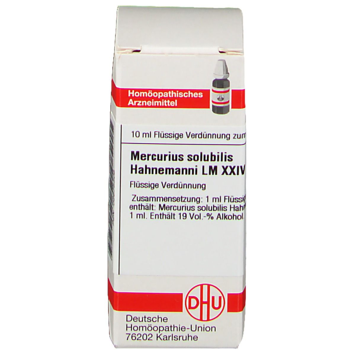 Karton mit Beschriftung: Mercurius solubilis Hahnemanni LM XXIV. Flasche im Hintergrund.