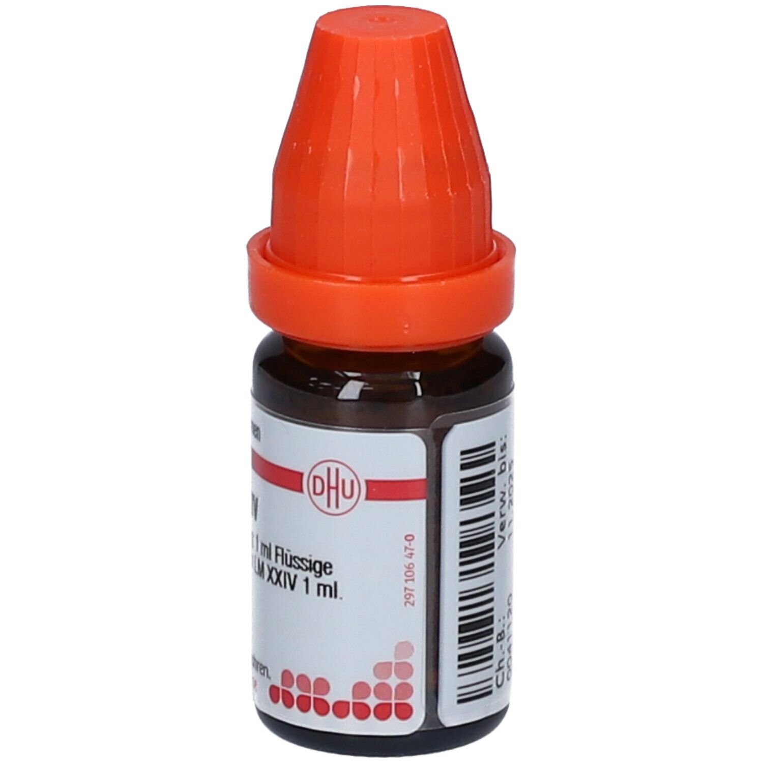 Braune Glasflasche mit orangefarbenem Verschluss. Beschriftung: DHU, Natrium carbonicum LM XXIV, 1 ml Flüssige Verdünnung.