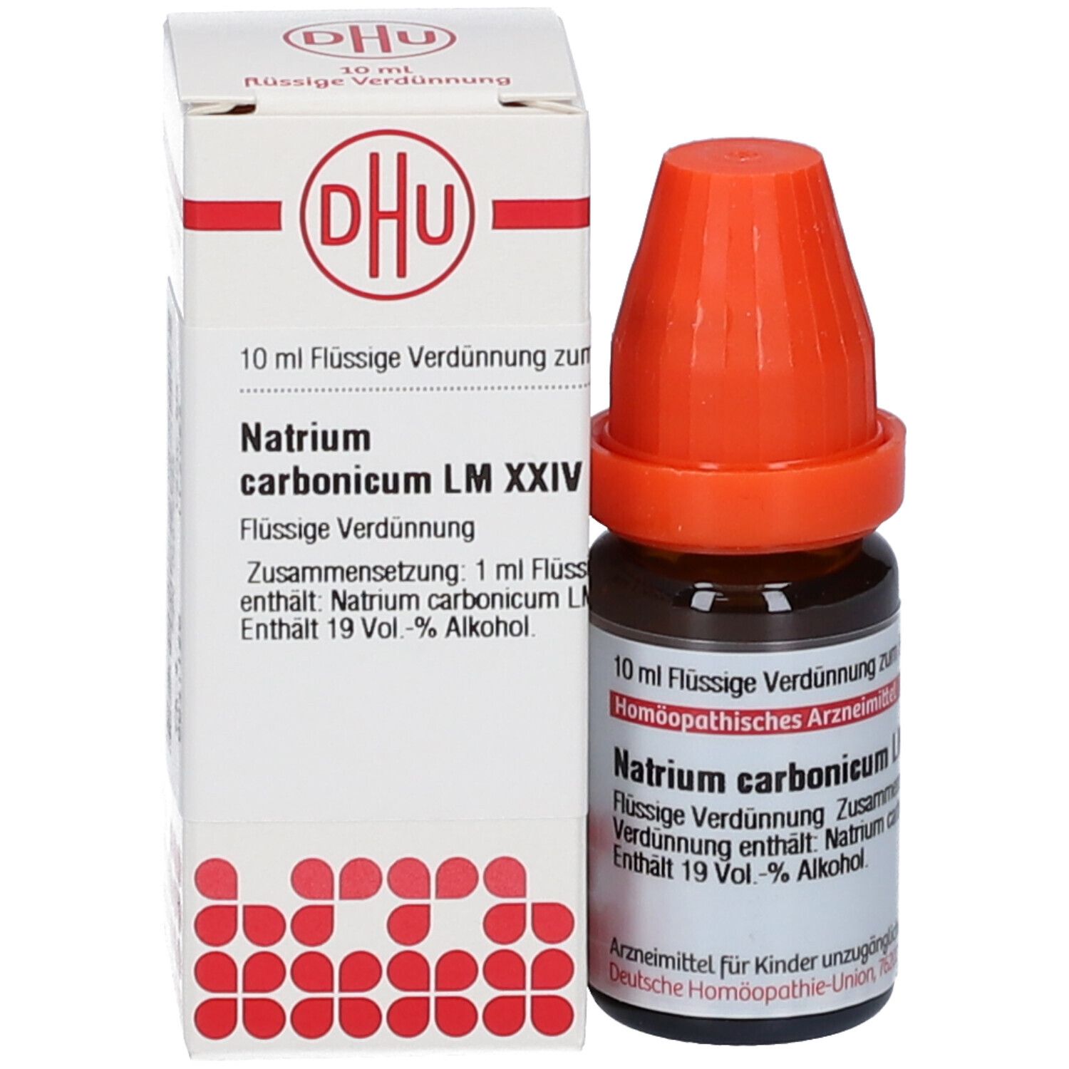 Braune Glasflasche mit orangefarbenem Verschluss und Karton. Beschriftung: DHU, Natrium carbonicum LM XXIV, 10 ml.