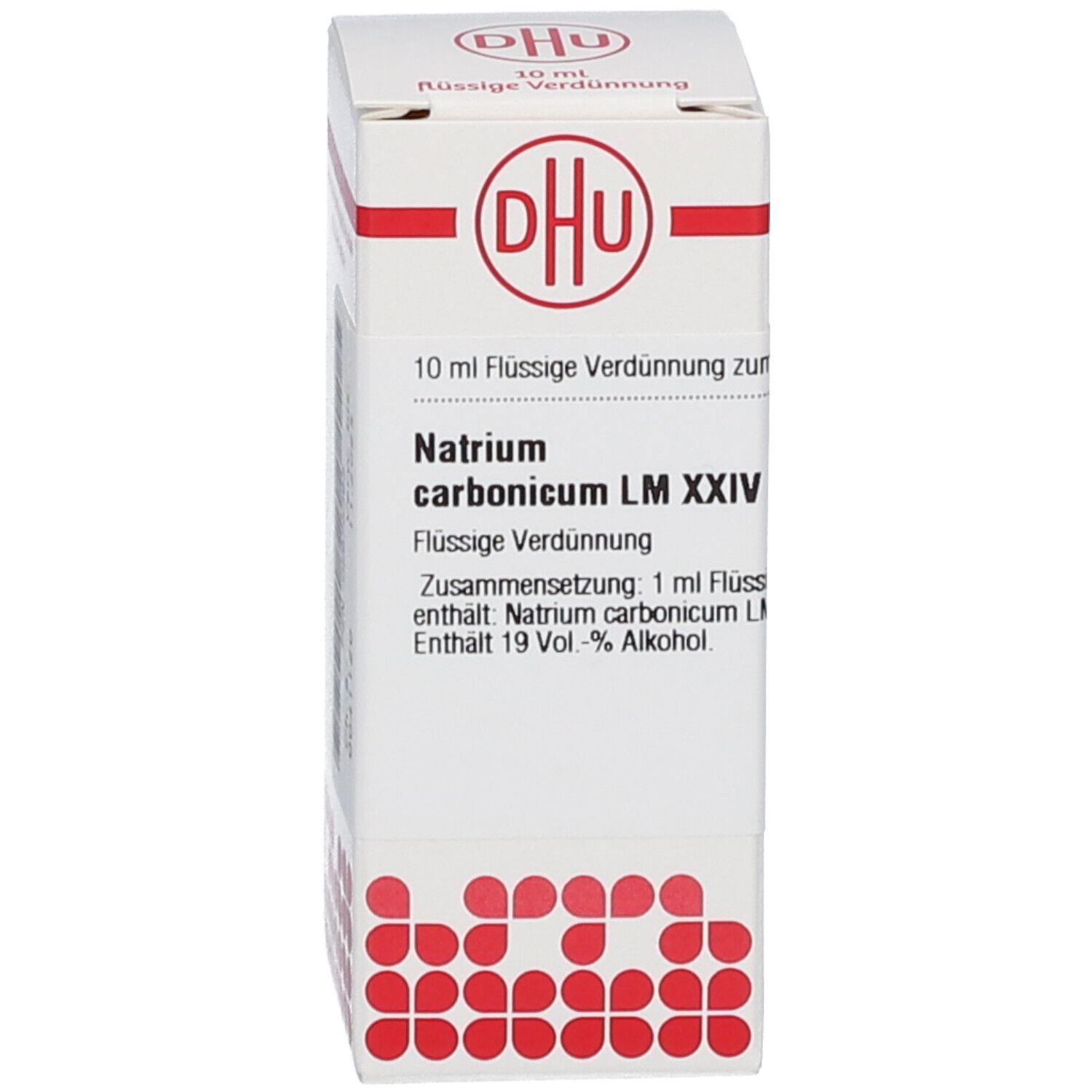 Karton mit Beschriftung: DHU, Natrium carbonicum LM XXIV, 10 ml Flüssige Verdünnung. Weißer Hintergrund.