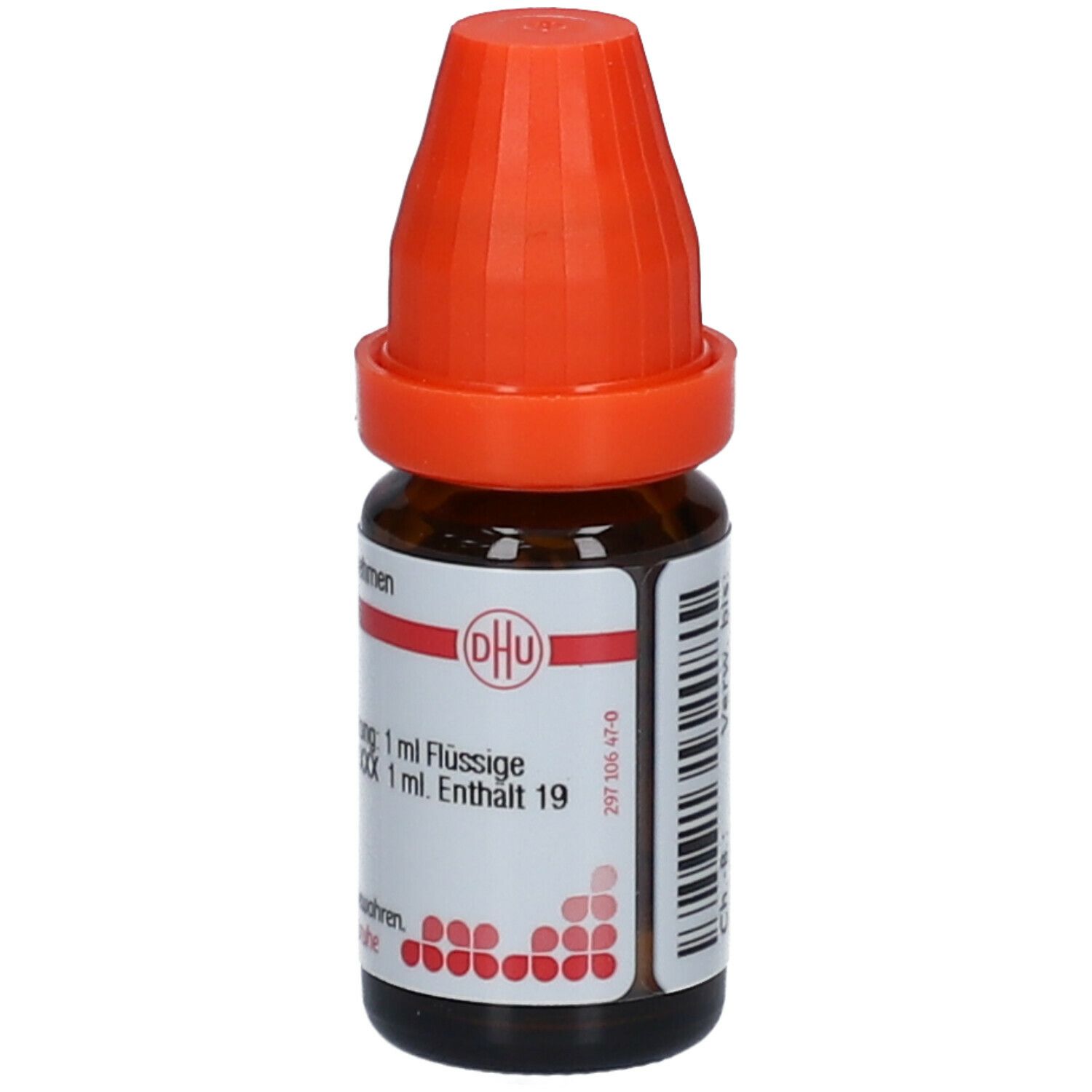 Braune Glasflasche mit orangefarbenem Verschluss. Beschriftung: Nux vomica LM XXX, 1 ml Flüssige Verdünnung. Dhu Logo.