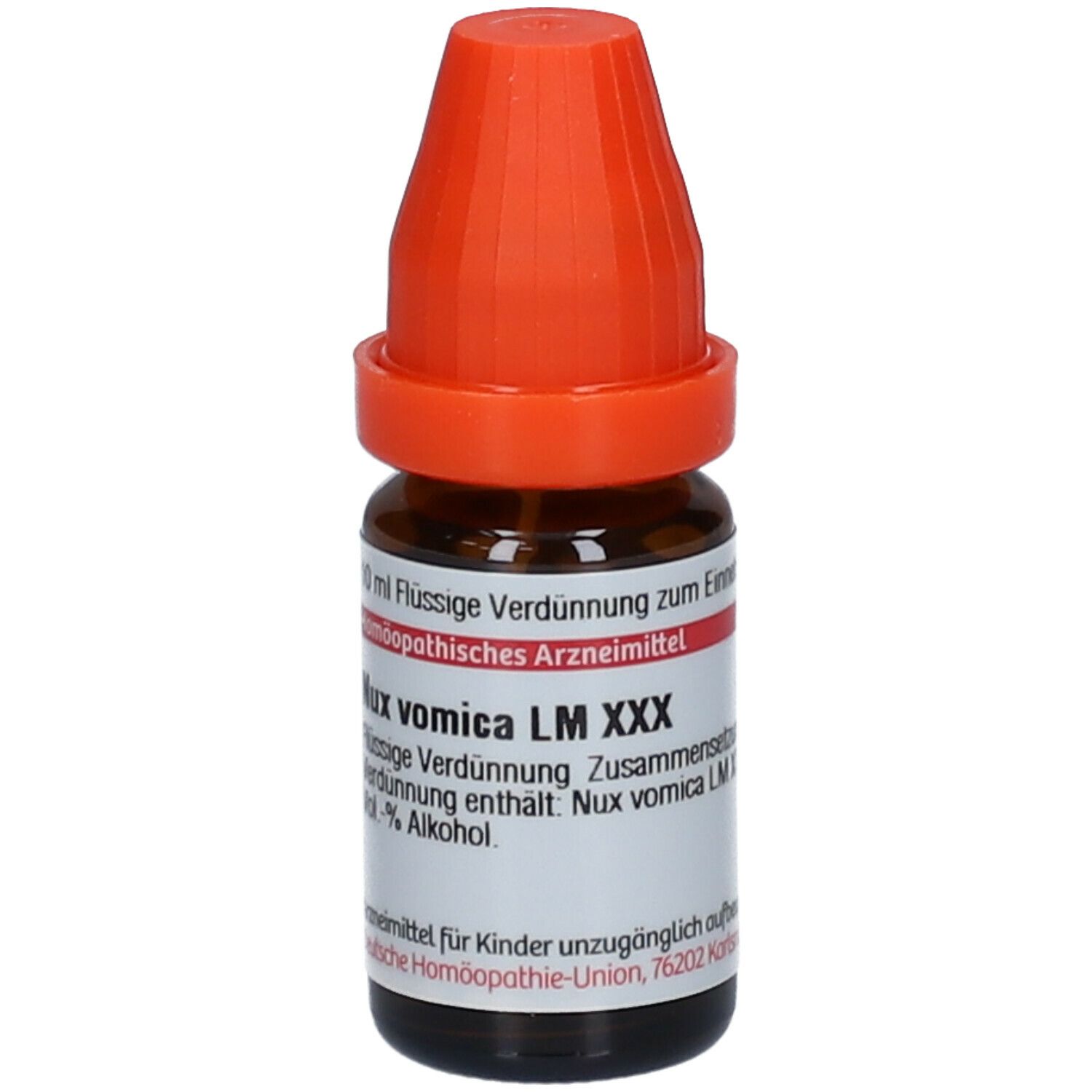 Braune Glasflasche mit orangefarbenem Verschluss. Beschriftung: Nux vomica LM XXX, 10 ml Flüssige Verdünnung.
