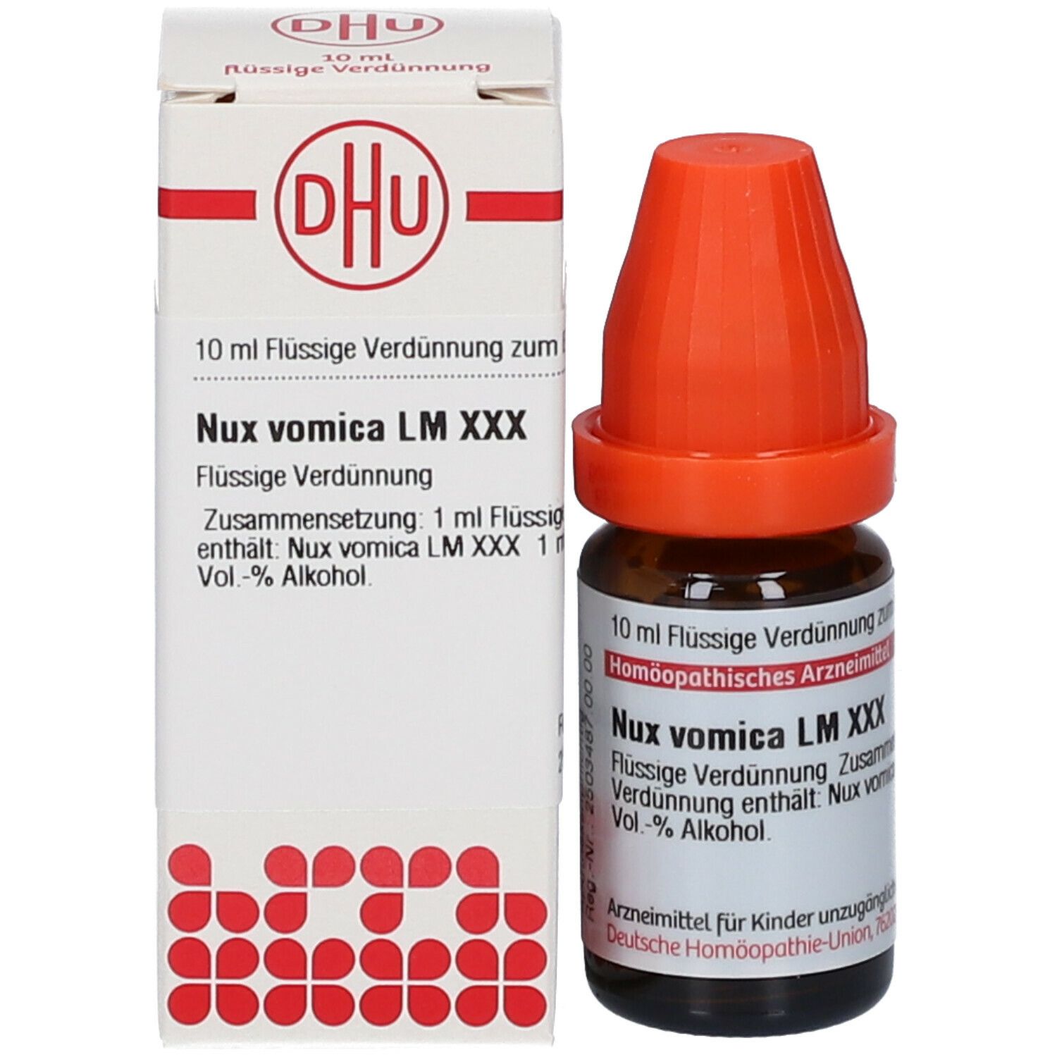 Braune Glasflasche mit orangefarbenem Verschluss und Karton. Beschriftung: Nux vomica LM XXX, 10 ml Flüssige Verdünnung. Dhu Logo.