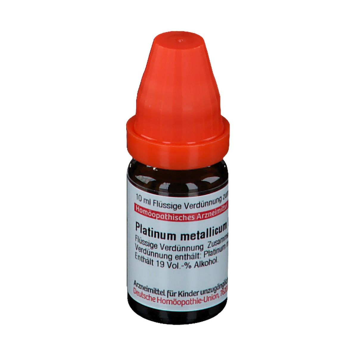 Braune Glasflasche mit rotem Verschluss. Beschriftung: Platinum metallicum, 10 ml Flüssige Verdünnung.