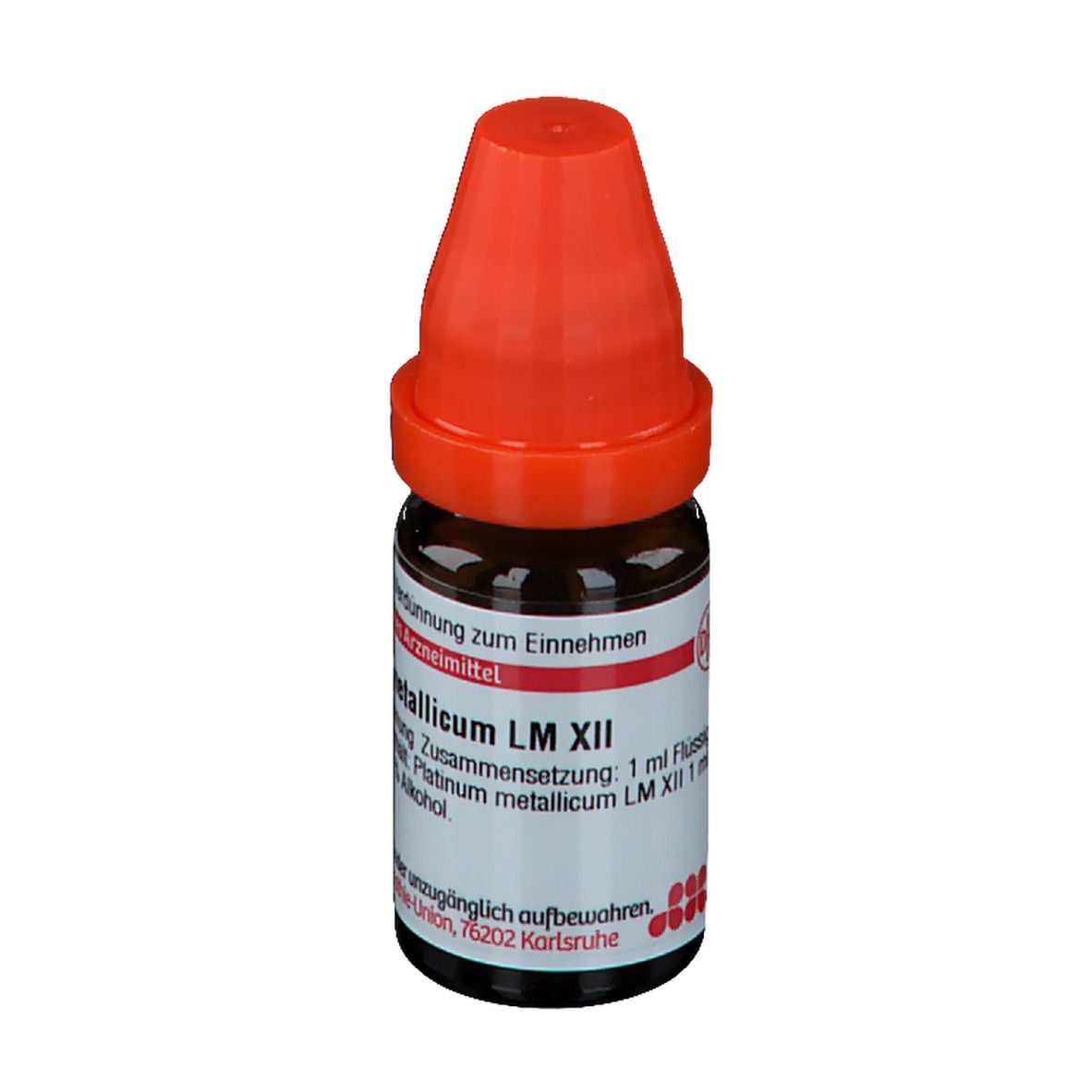 Braune Glasflasche mit rotem Verschluss. Beschriftung: Platinum metallicum LM XII, 1 ml Flüssige Verdünnung.