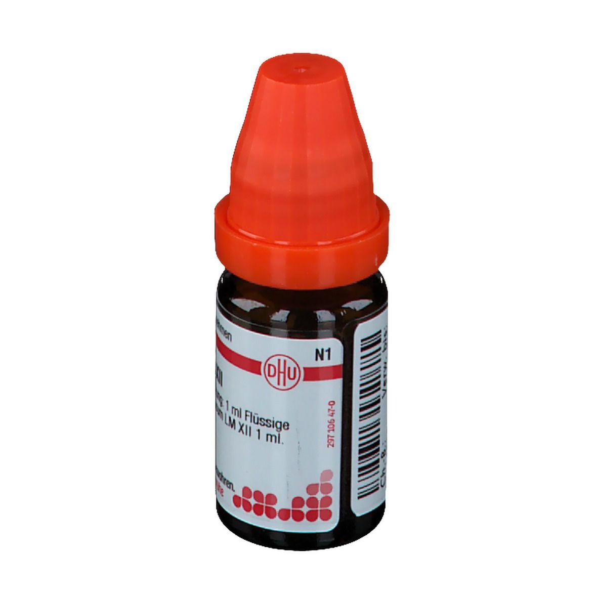 Braune Glasflasche mit rotem Verschluss. Beschriftung: Platinum metallicum LM XII, N1, 1 ml Flüssige Verdünnung.