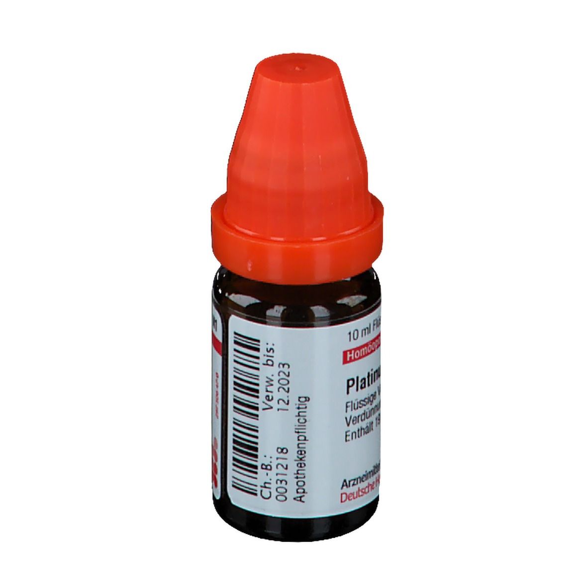 Braune Glasflasche mit rotem Verschluss. Beschriftung: Platinum metallicum, 10 ml Flüssige Verdünnung. Verfallsdatum: 12.2023.