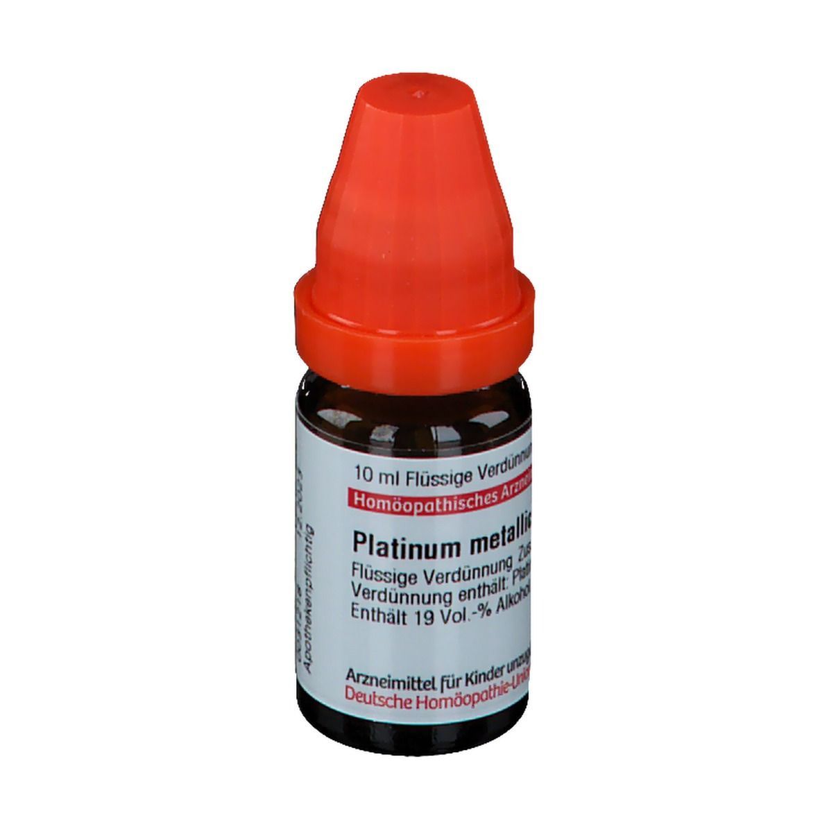Braune Glasflasche mit rotem Verschluss. Beschriftung: Platinum metallicum, 10 ml Flüssige Verdünnung.