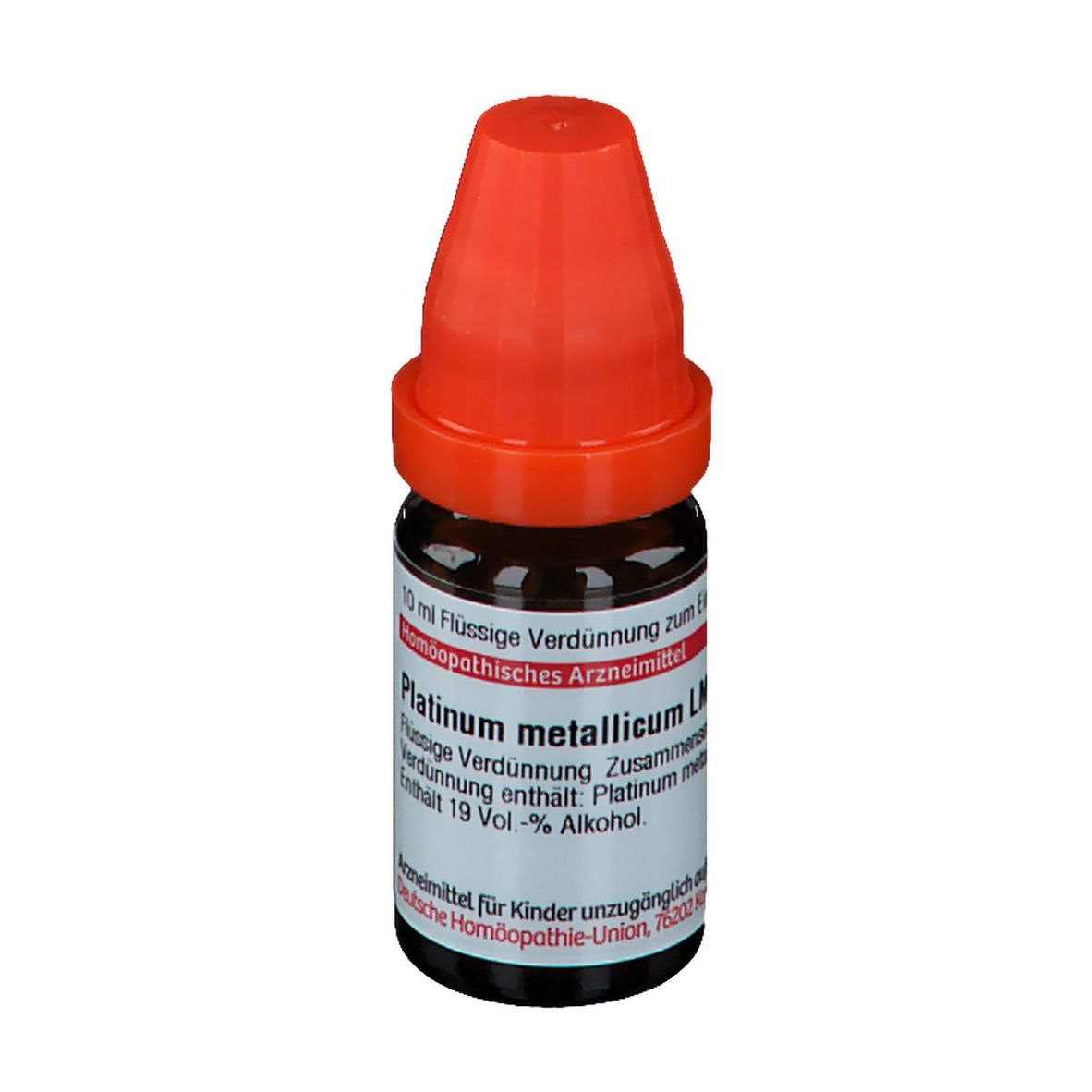 Braune Glasflasche mit rotem Verschluss. Beschriftung: Platinum metallicum LM XII, 10 ml Flüssige Verdünnung.
