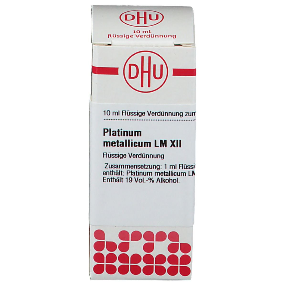 Karton mit Beschriftung: Platinum metallicum LM XII, 10 ml Flüssige Verdünnung. Rote und weiße Farbgebung.