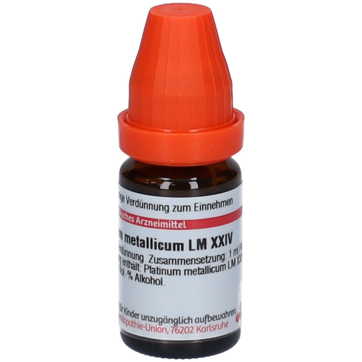 Braune Glasflasche mit orangefarbenem Verschluss. Beschriftung: Platinum metallicum LM XXIV. Homöopathisches Arzneimittel.