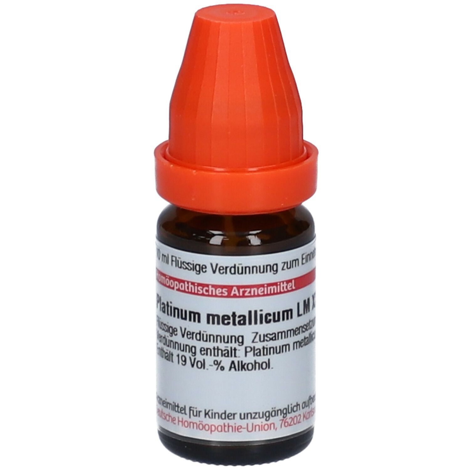 Braune Glasflasche mit orangefarbenem Verschluss. Beschriftung: 10 ml Flüssige Verdünnung. Platinum metallicum LM XXIV.