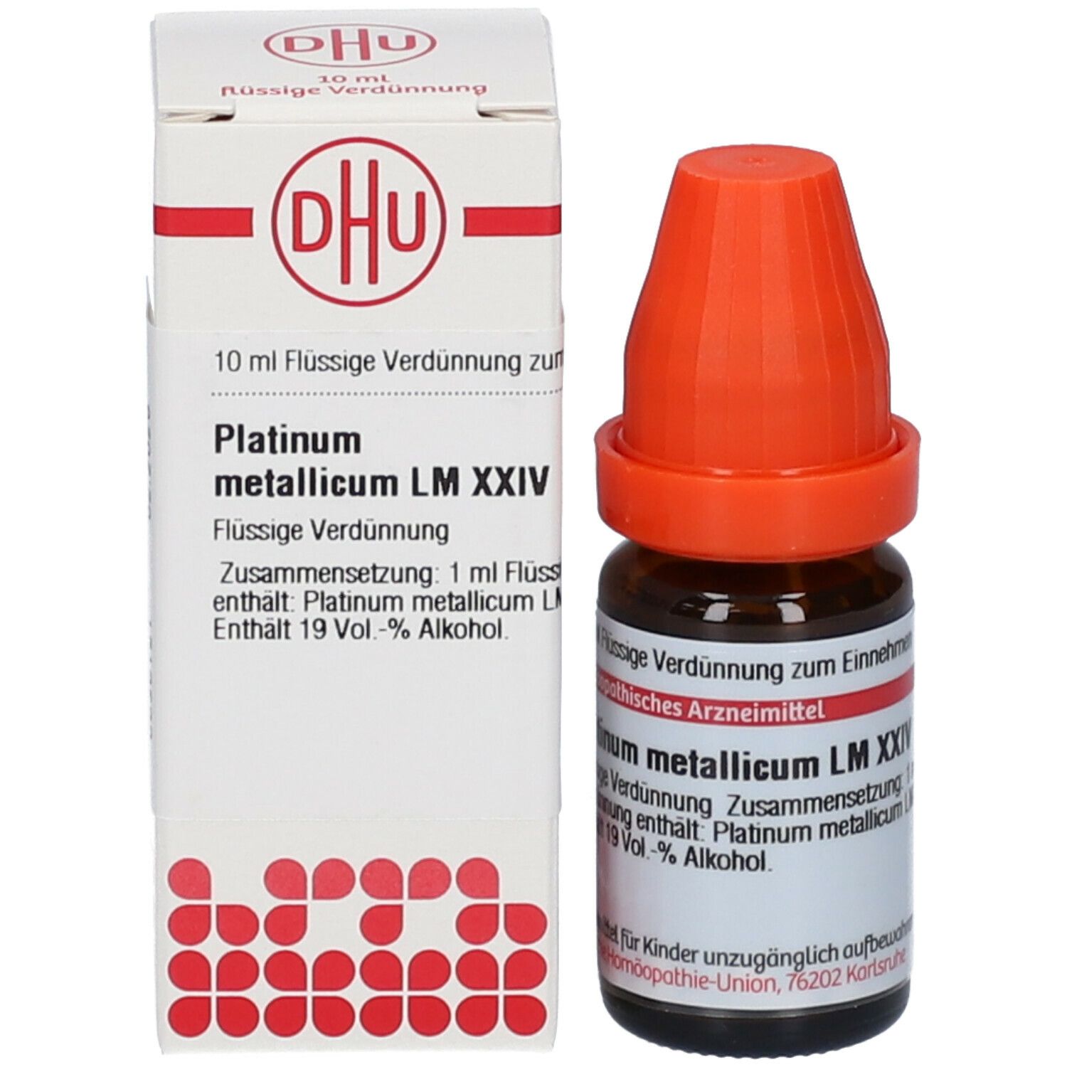 Braune Glasflasche mit orangefarbenem Verschluss neben einer weißen Schachtel. Beschriftung: DHU. Platinum metallicum LM XXIV.