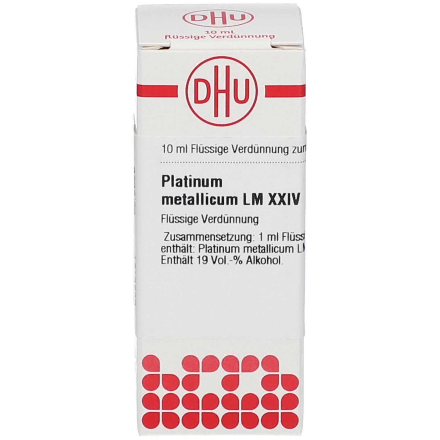 Weiße Schachtel mit rotem Logo und Beschriftung: DHU. Platinum metallicum LM XXIV. 10 ml Flüssige Verdünnung.
