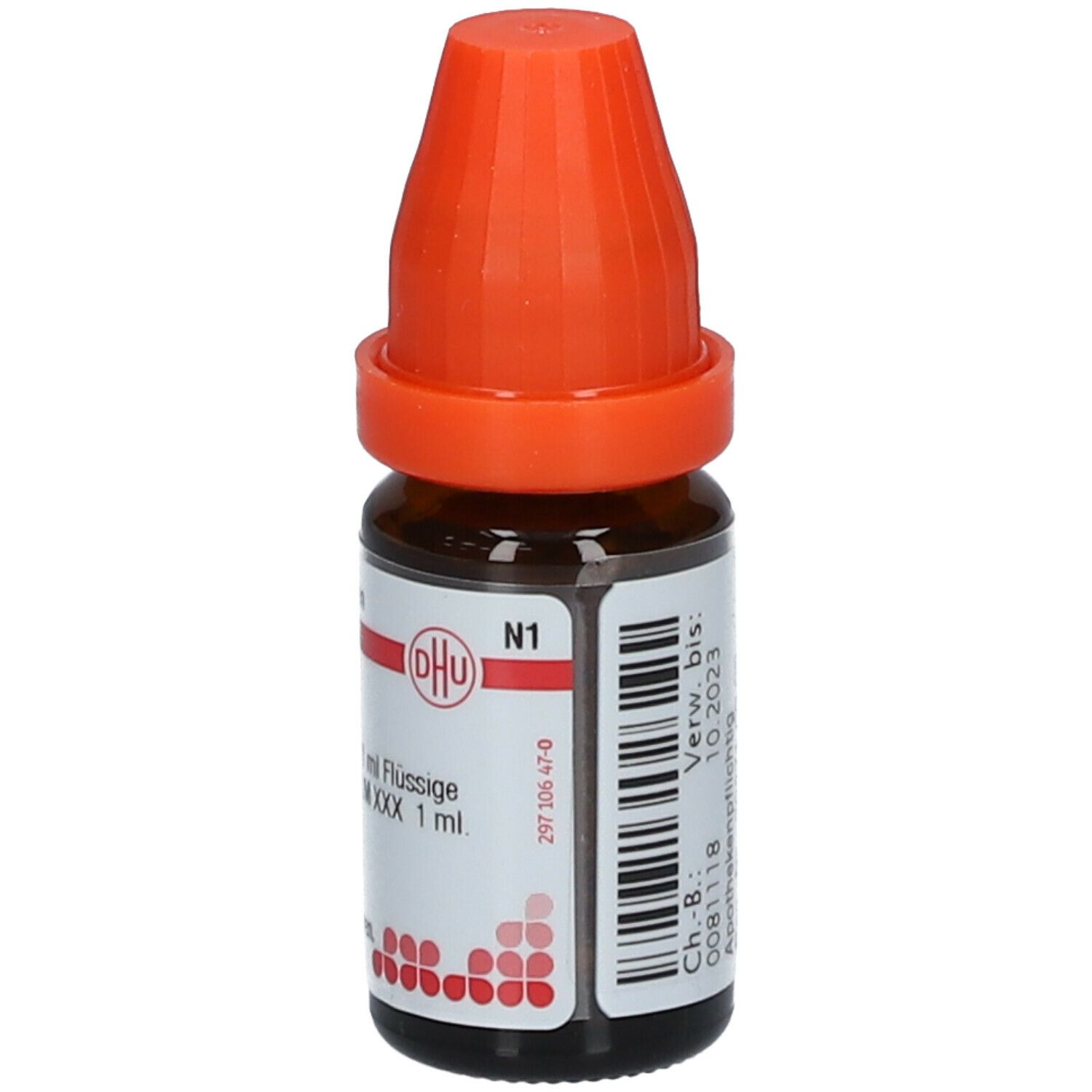 Braune Glasflasche mit orangefarbenem Verschluss. Beschriftung: DHU N1, Rhus toxicodendron LM XXX, 1 ml.