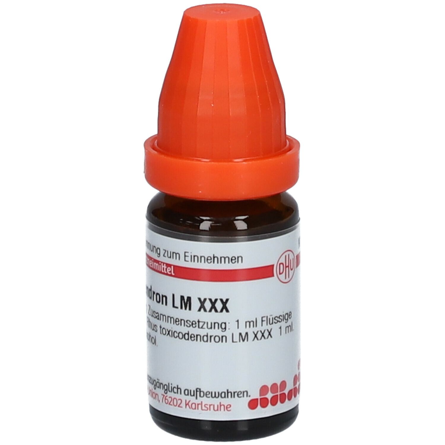 Braune Glasflasche mit orangefarbenem Verschluss. Beschriftung: Rhus toxicodendron LM XXX, homöopathisches Arzneimittel.