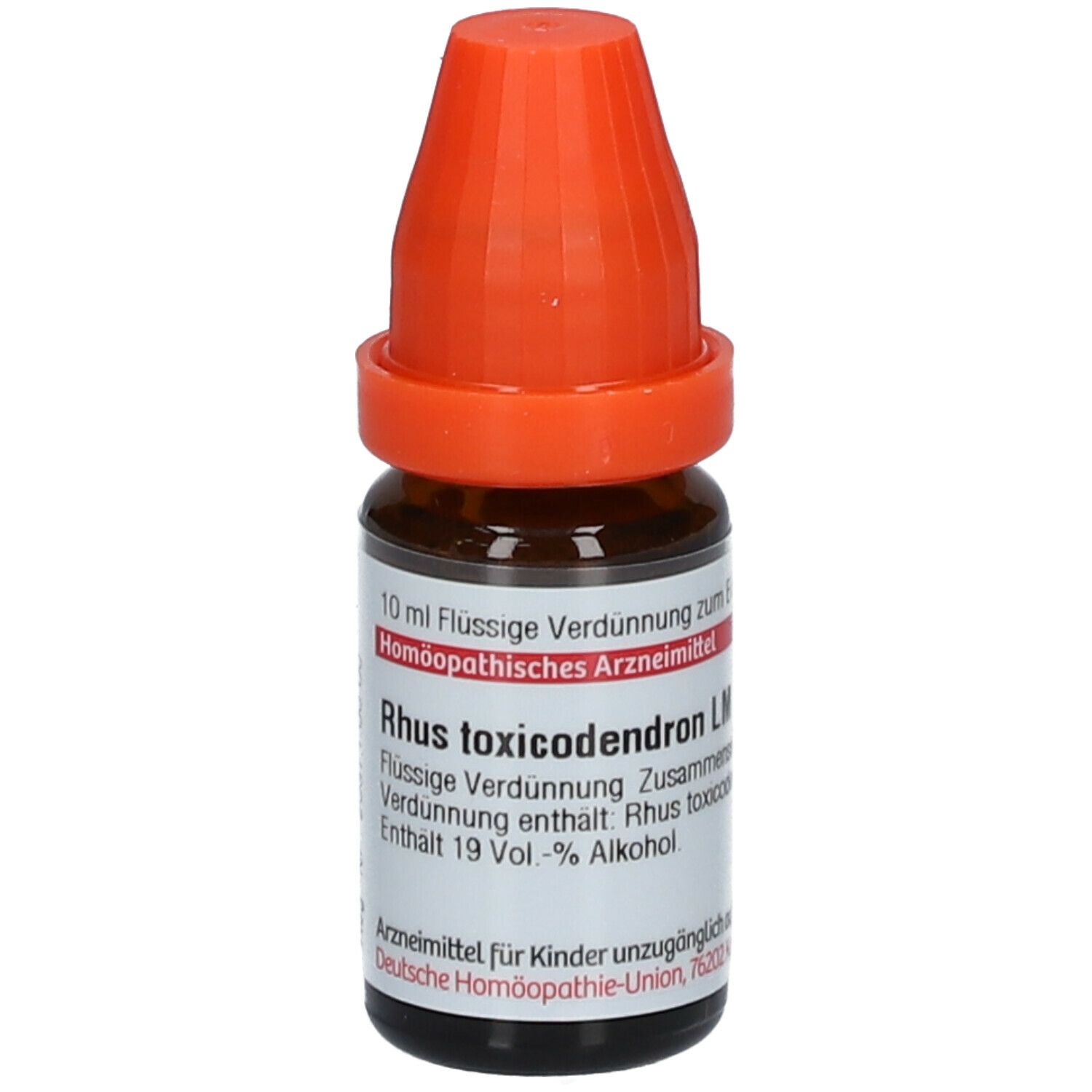 Braune Glasflasche mit orangefarbenem Verschluss. Beschriftung: Rhus toxicodendron LM XXX, homöopathisches Arzneimittel.