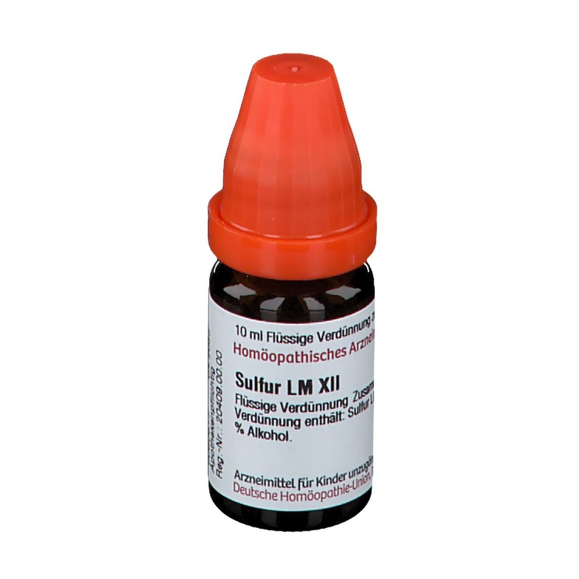 Braune Glasflasche mit rotem Verschluss. Beschriftung: Sulfur LM XII, 10 ml Flüssige Verdünnung.