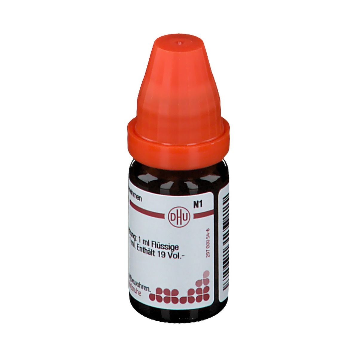 Braune Glasflasche mit rotem Verschluss. Beschriftung: DHU, N1, 1 ml Flüssige Verdünnung.