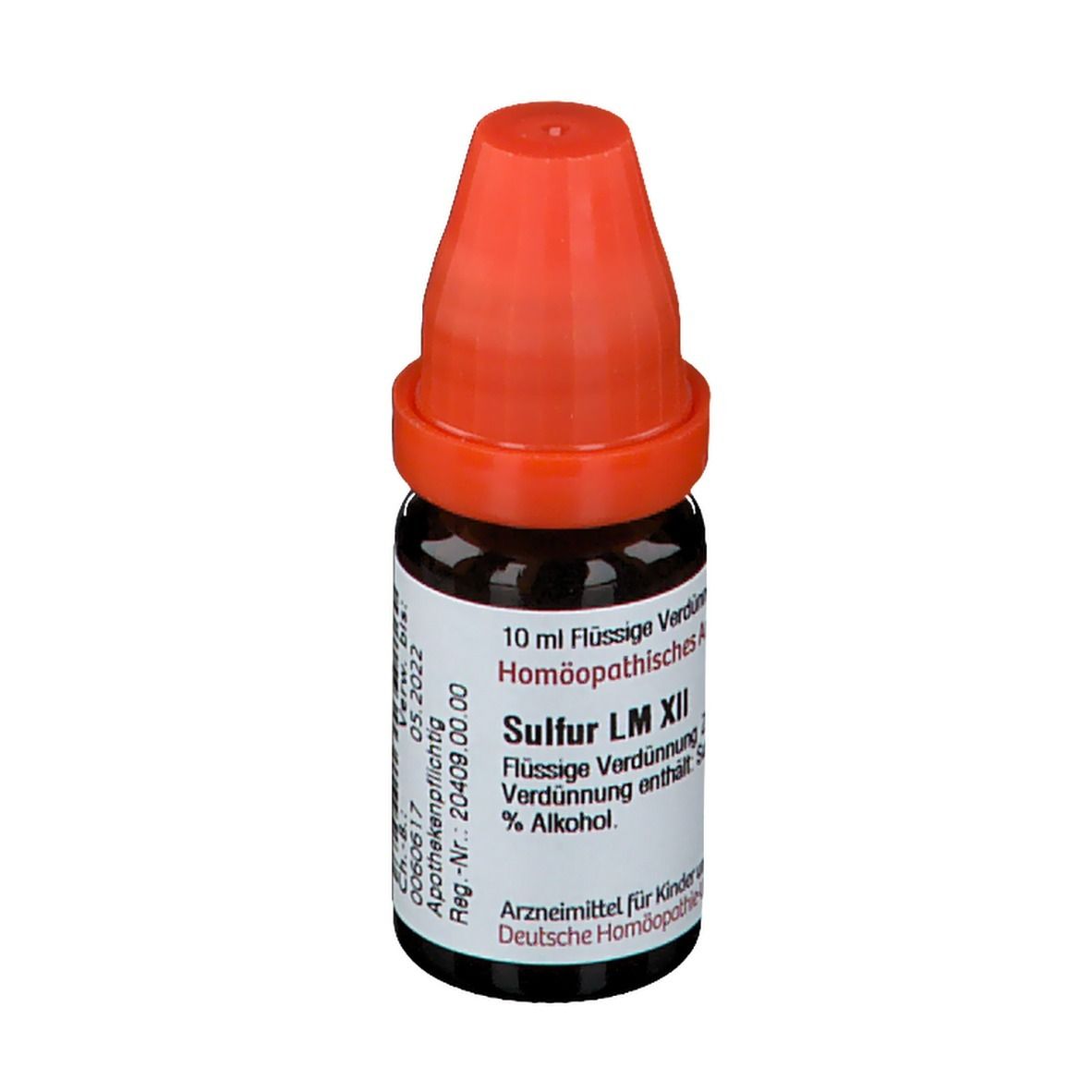 Braune Glasflasche mit rotem Verschluss. Beschriftung: Sulfur LM XII, 10 ml Flüssige Verdünnung.