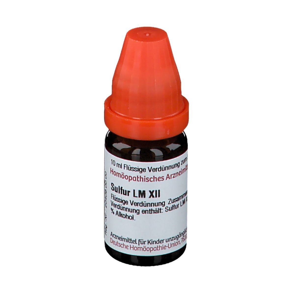 Braune Glasflasche mit rotem Verschluss. Beschriftung: Sulfur LM XII, Flüssige Verdünnung.