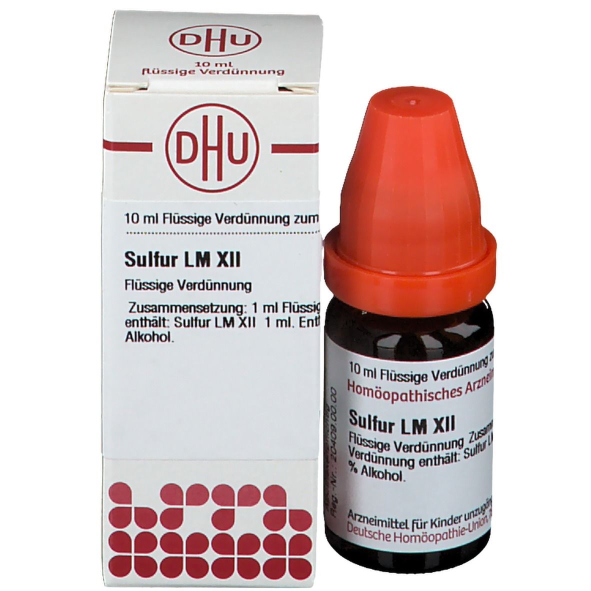 Braune Glasflasche mit rotem Verschluss und Karton. Beschriftung: DHU, Sulfur LM XII, 10 ml.