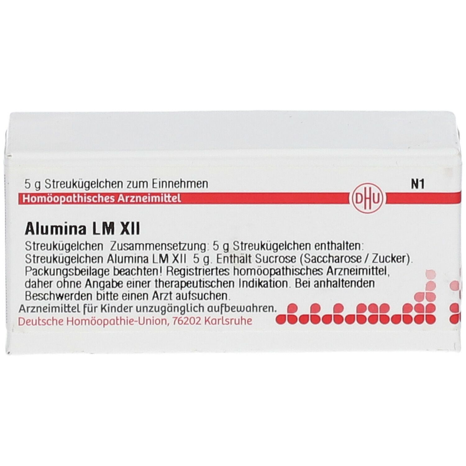Weiße Schachtel mit roter Schrift und DHU-Logo. Text: Alumina LM XII, 5 g Streukügelchen. Apothekenpflichtig.