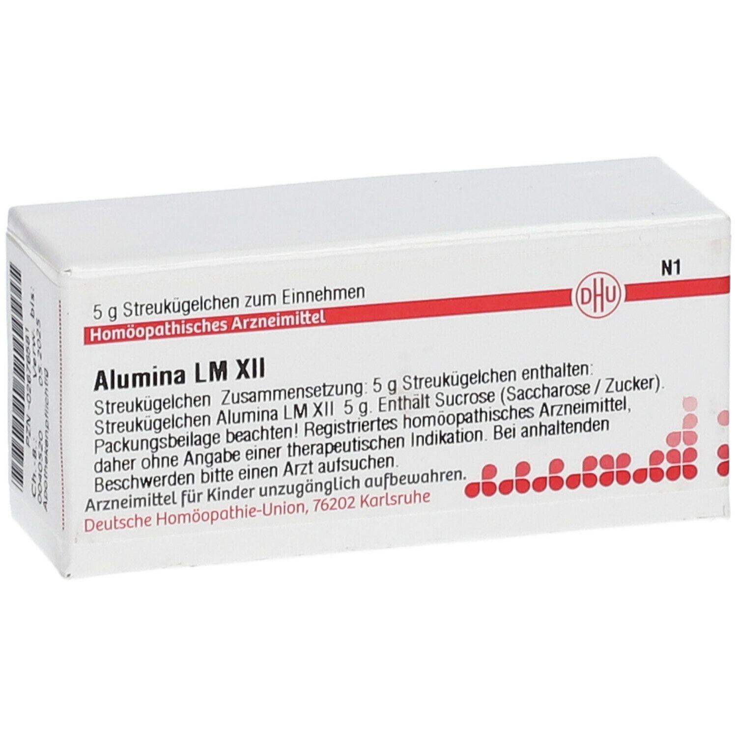 Weiße Schachtel mit roter Schrift und DHU-Logo. Text: Alumina LM XII, 5 g Streukügelchen. Apothekenpflichtig.