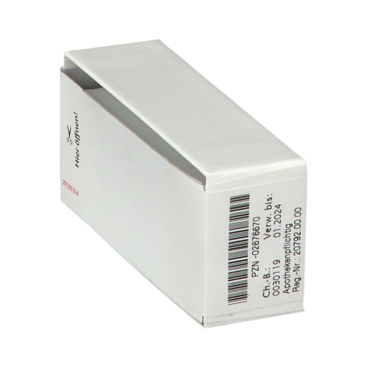 Weiße Schachtel mit rotem Streifen und Aufschrift 'Hier öffnen!'. Apothekenpflichtig. Produkt: Apis mellifica LM XII.