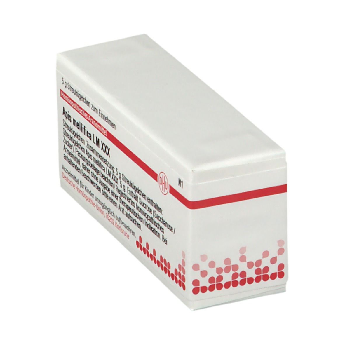 Schachtel, weiß mit rotem Streifen. Aufschrift: DHU, Apis mellifica LM XXX. Homöopathisches Arzneimittel. Enthält Streukügelchen.