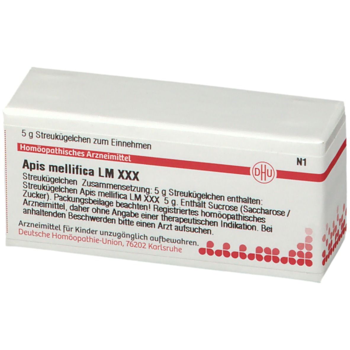 Weiße Schachtel mit roter Schrift. Aufschrift: DHU, Apis mellifica LM XXX. Homöopathisches Arzneimittel. Enthält Streukügelchen.