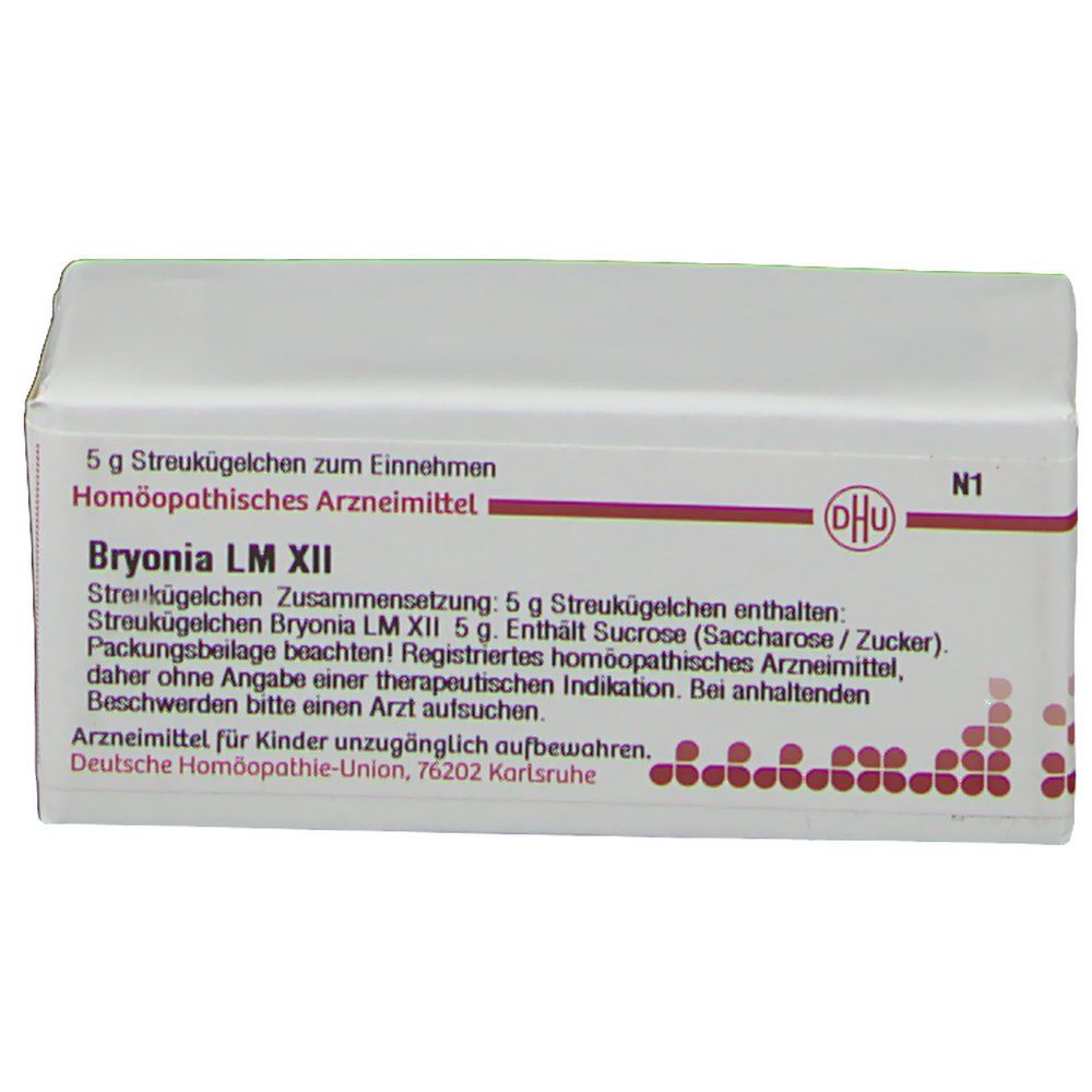 Weiße Arzneimittelverpackung mit roter Schrift. Text: Bryonia LM XII, DHU Logo. Enthält 5 g Streukügelchen.