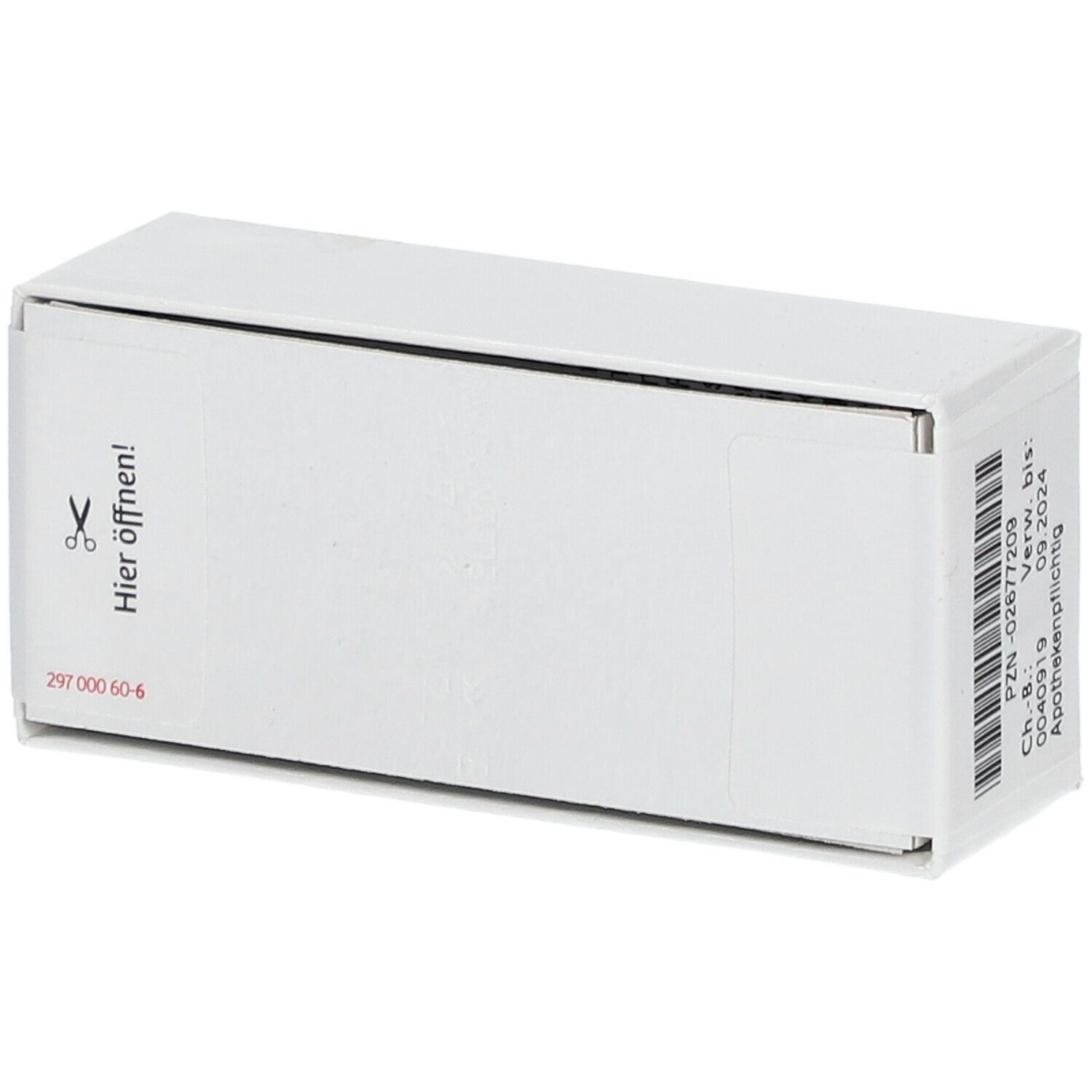 Weiße Faltschachtel mit Aufschrift "Hier öffnen!". Barcode und Verfallsdatum. Eckige Form.