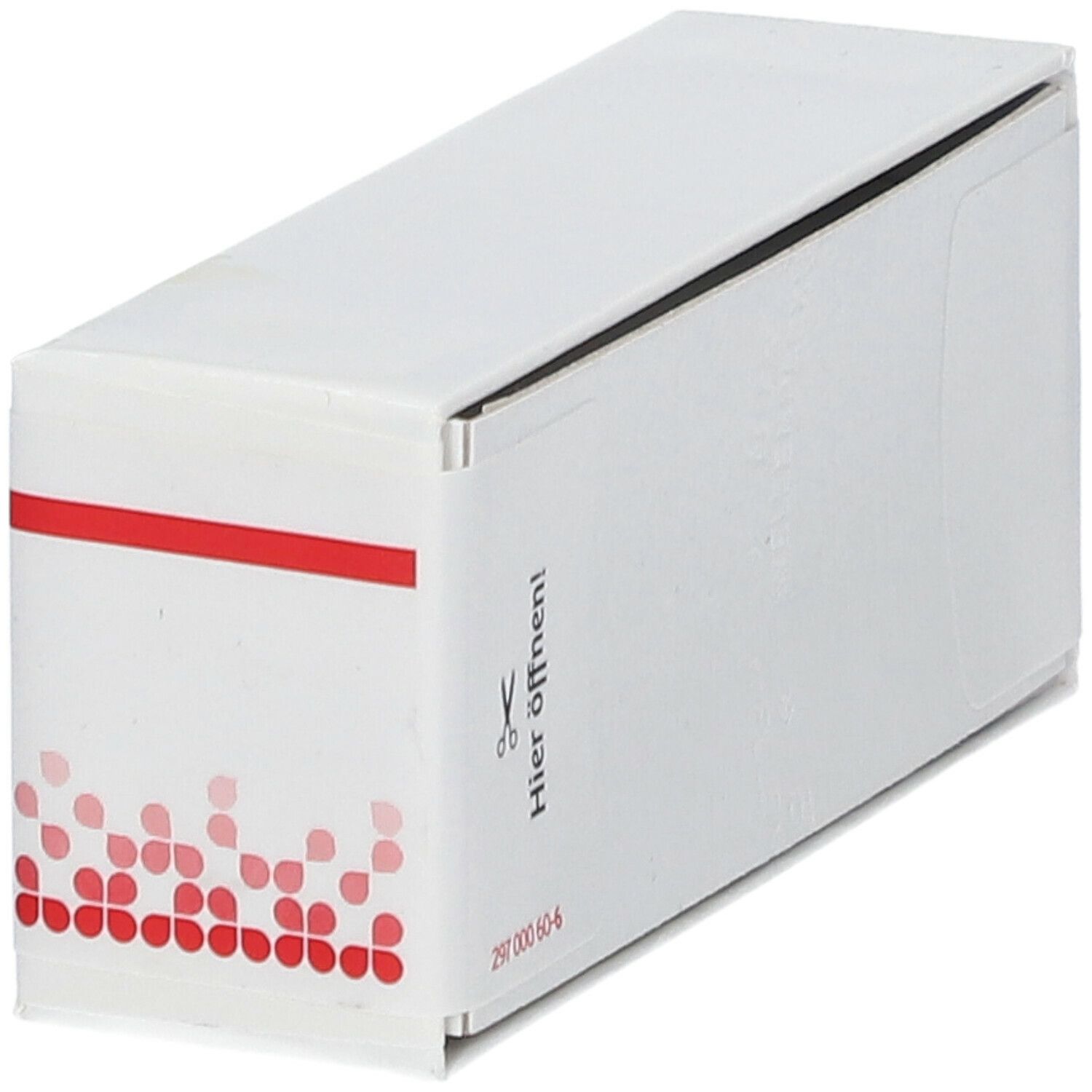 Weiße Faltschachtel mit rotem Streifen und rotem Muster. Aufschrift "Hier öffnen!". Eckige Form.