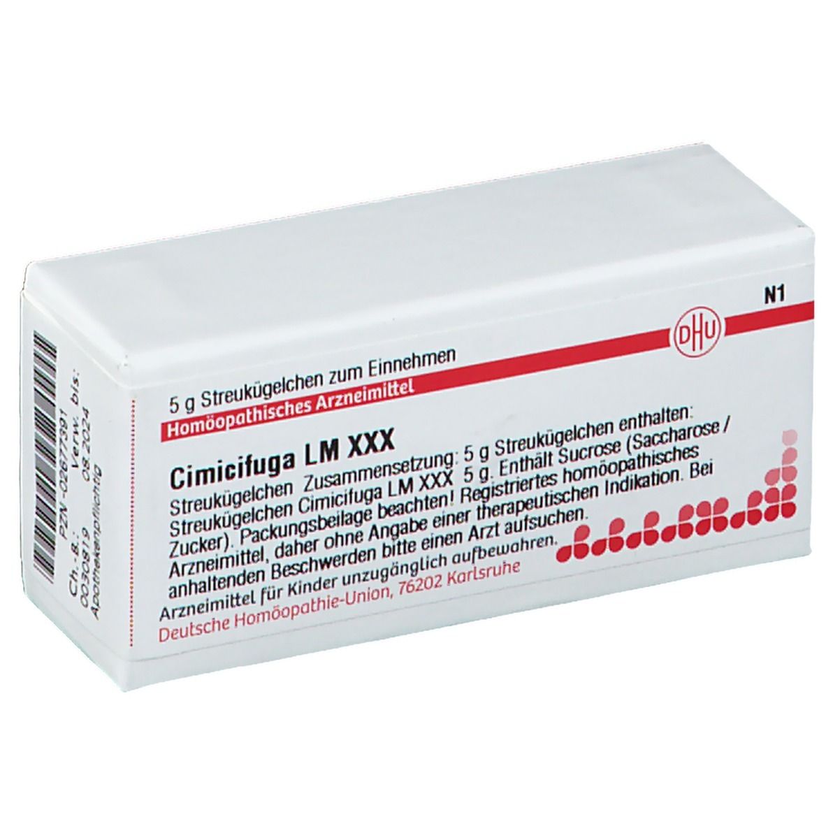 Weiße Arzneimittelverpackung mit roter und schwarzer Schrift. Enthält DHU Cimicifuga LM XXX. Aufdruck: 5 g Streukügelchen.