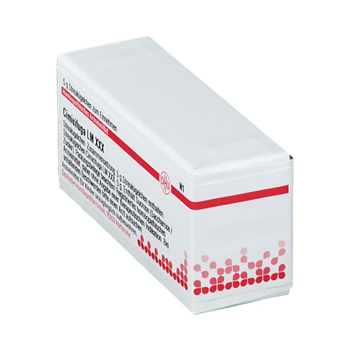 Weiße Arzneimittelverpackung mit roter Schrift. Enthält DHU Cimicifuga LM XXX. Aufdruck: 5 g Streukügelchen.