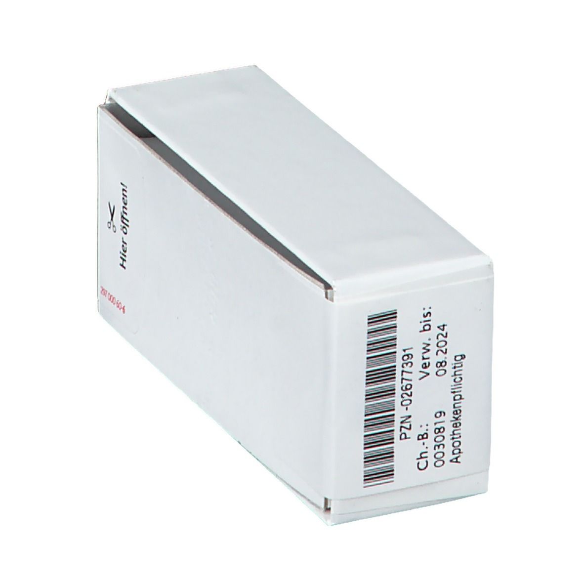 Weiße Arzneimittelverpackung mit Barcode und Aufdruck 'Verw. bis: 08.2024'.