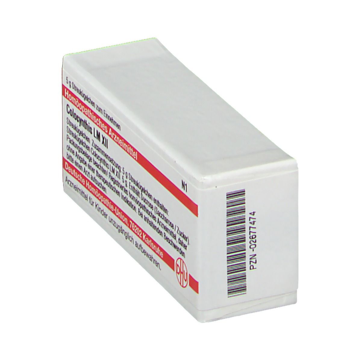 Weiße Schachtel mit roter Schrift und Barcode. Aufschrift: Colocynthis LM XII. Enthält 5 g Streukügelchen. PZN-02677474.