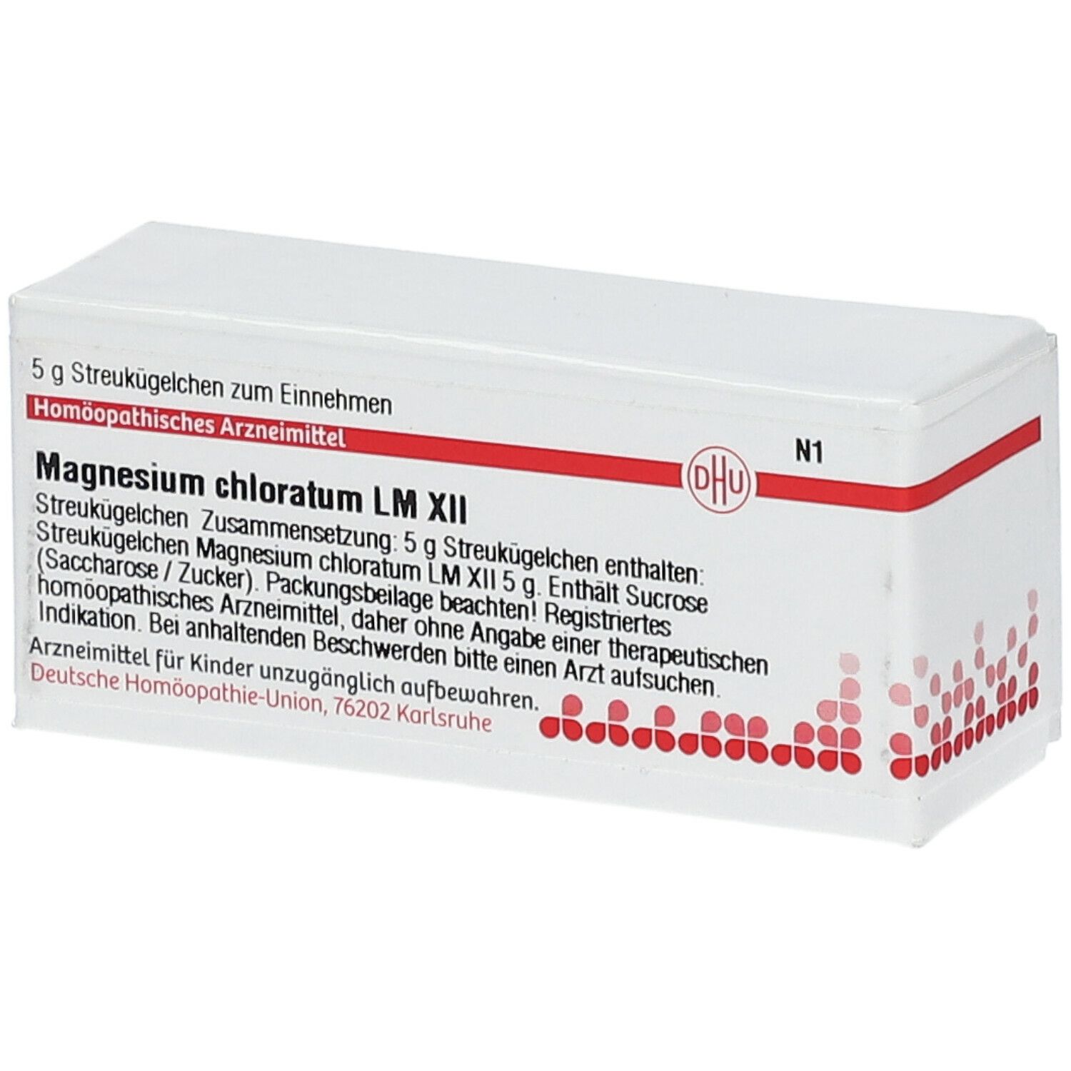 Weiße Schachtel mit roter Schrift und DHU-Logo. Text: Magnesium chloratum LM XII, 5 g Streukügelchen. Homöopathisches Arzneimittel.