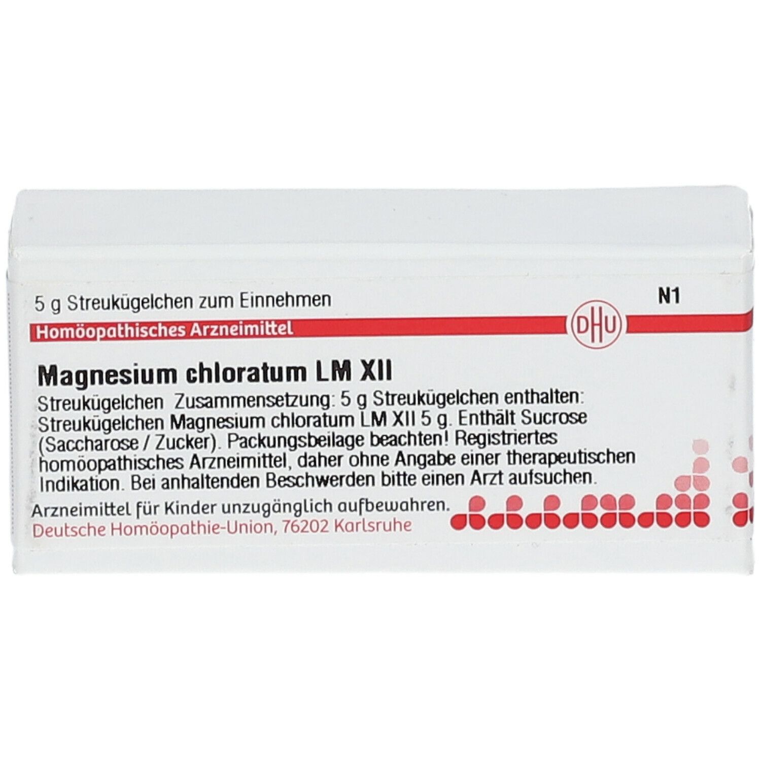 Weiße Schachtel mit roter Schrift und DHU-Logo. Text: Magnesium chloratum LM XII, 5 g Streukügelchen. Homöopathisches Arzneimittel.