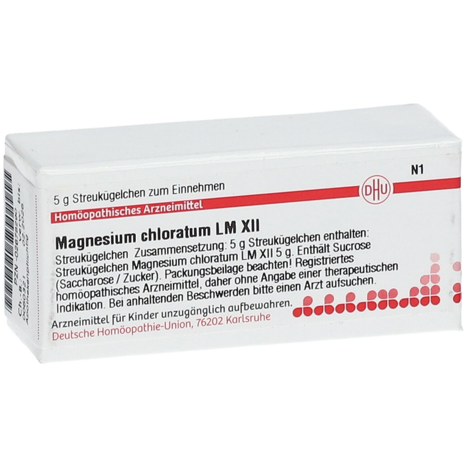 Weiße Schachtel mit roter Schrift und DHU-Logo. Text: Magnesium chloratum LM XII, 5 g Streukügelchen. Homöopathisches Arzneimittel.