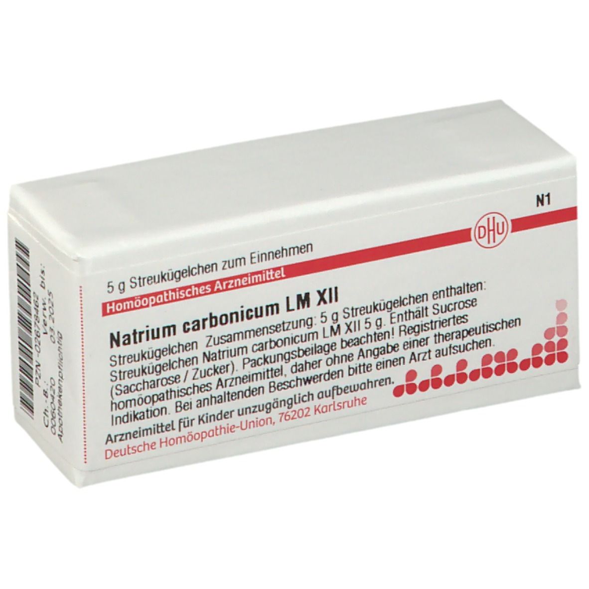 Weiße Schachtel mit roter Schrift und DHU-Logo. Enthält Natrium carbonicum LM XII Streukügelchen. Text in deutscher Sprache.