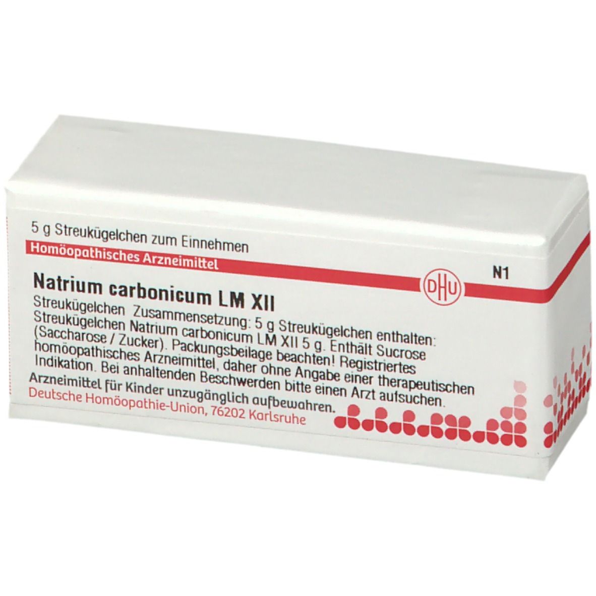 Weiße Schachtel mit roter Schrift und DHU-Logo. Enthält Natrium carbonicum LM XII Streukügelchen. Text in deutscher Sprache.