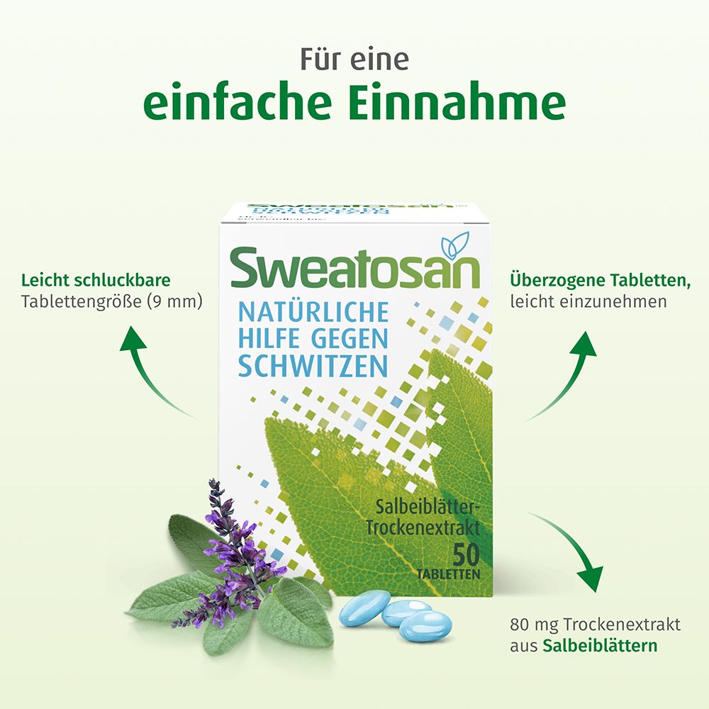 Verpackung mit Salbei-Tabletten, 50 Stück, und Hinweis auf Einnahme.