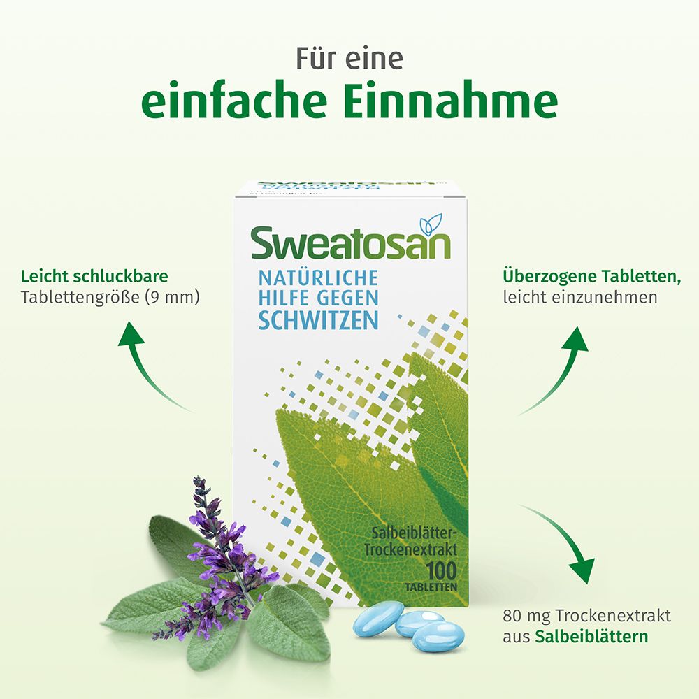 Sweatosan Tabletten: Leicht schluckbar (9mm), 100 Stück, 80mg Salbei-Extrakt.