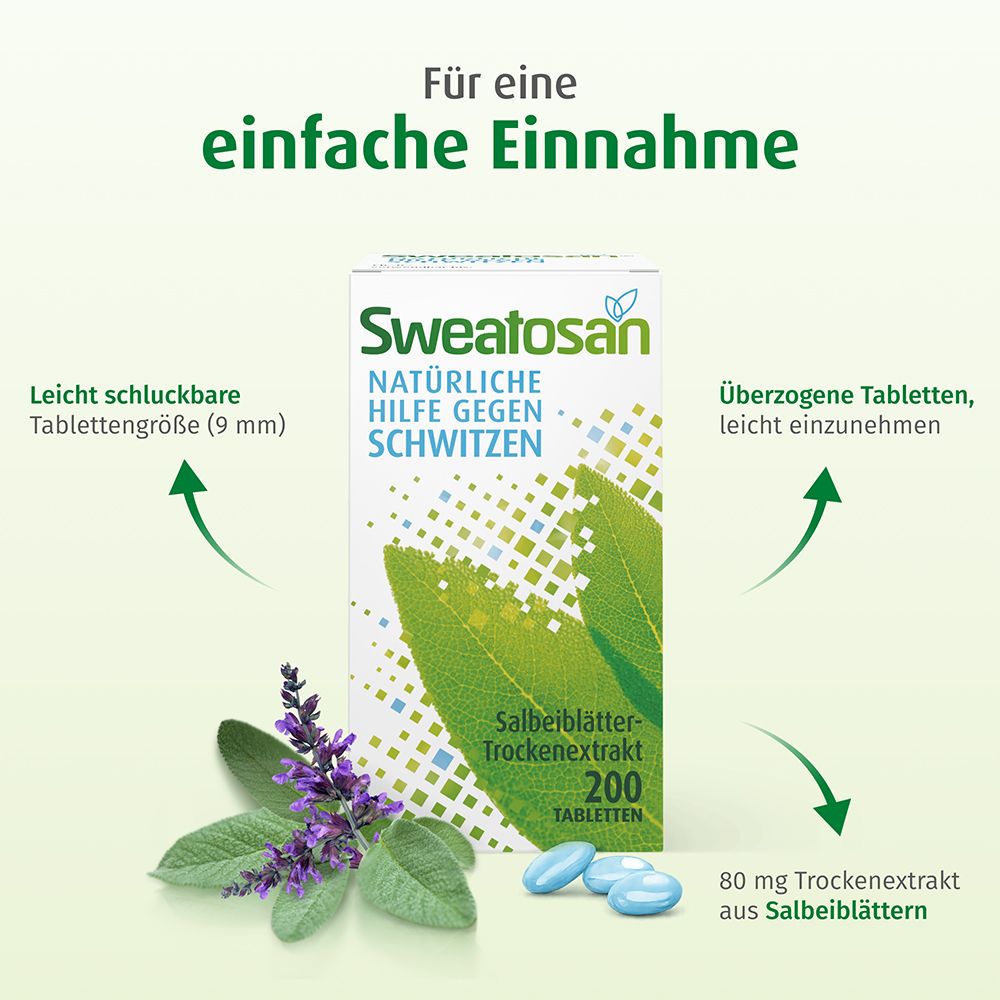 Einfache Einnahme: SWEATOSAN® Tabletten (9mm) mit Salbeiextrakt. 200 Stück.
