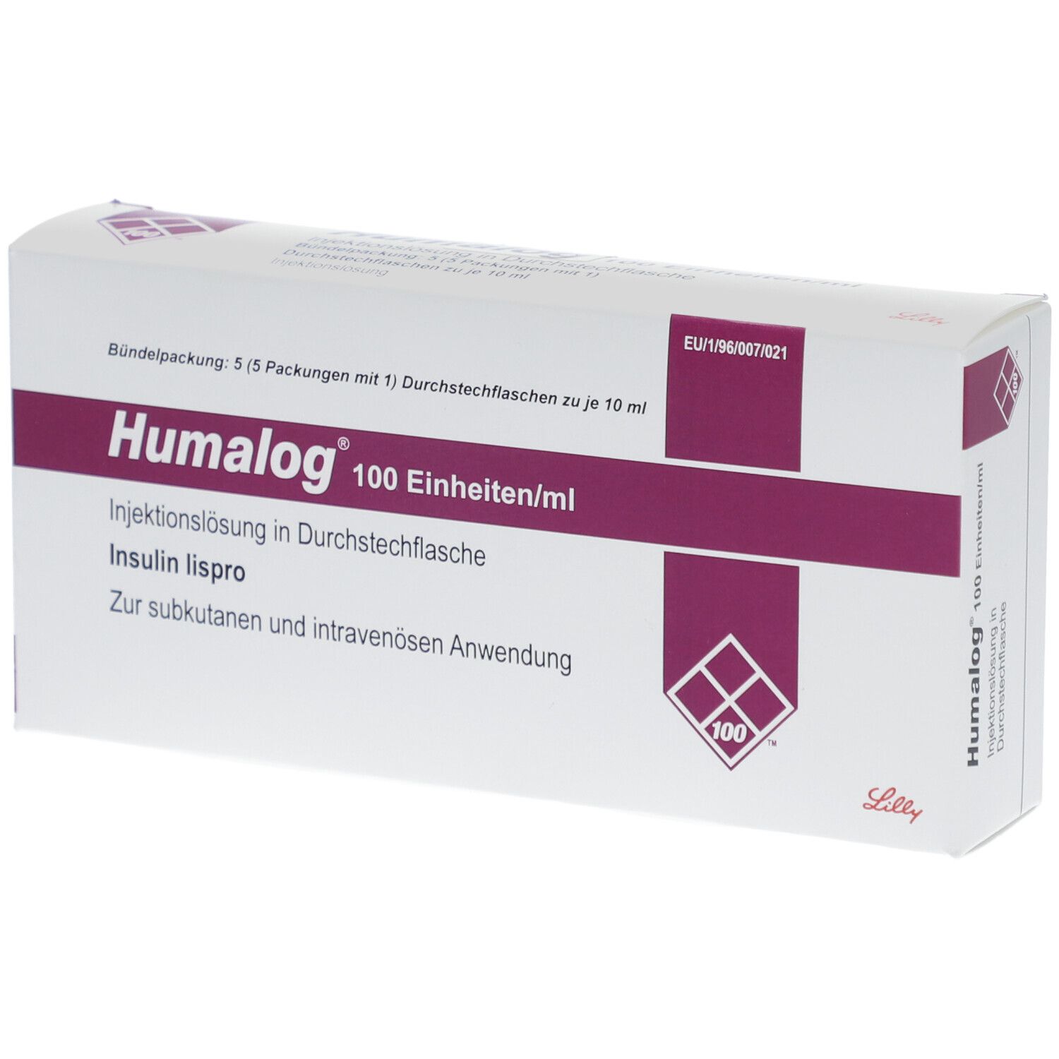 Weiße Verpackung mit lila Akzenten. Aufschrift: Humalog 100 Einheiten/ml. Injektionslösung in Durchstechflasche. Insulin lispro.