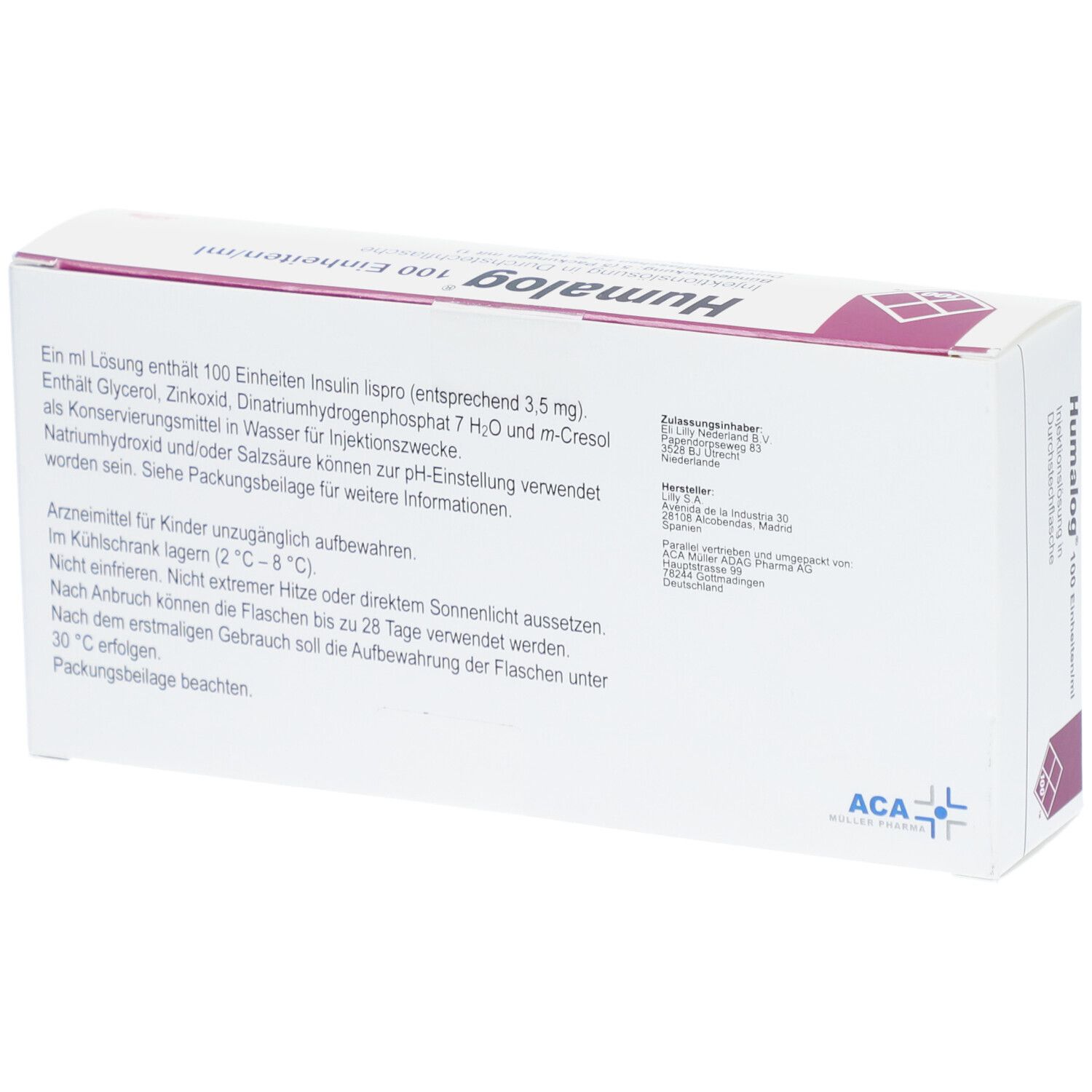 Rückseite der weißen Verpackung. Text: Zusammensetzung, Lagerungshinweise, Herstellerinformationen. ACA-Logo.